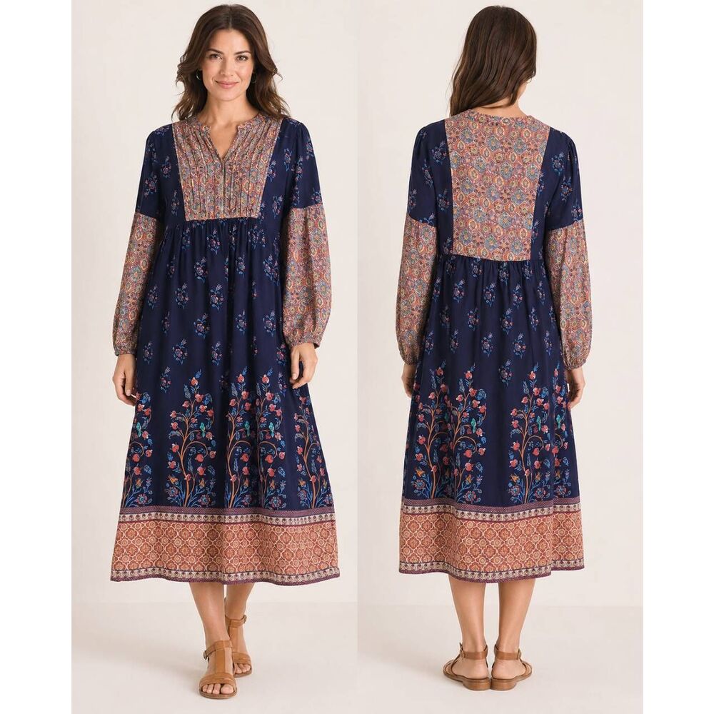 Soft Surroundings Boho Floral Tunic Dress Women’s Large Navy Blue Rayon Modal